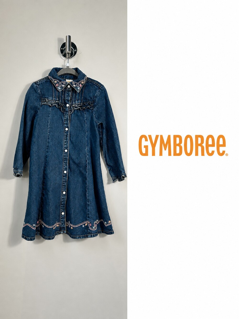 Gymboree Girls Size 5 Denim Shirt Dress Embroidered Floral Ruffle Western Jean